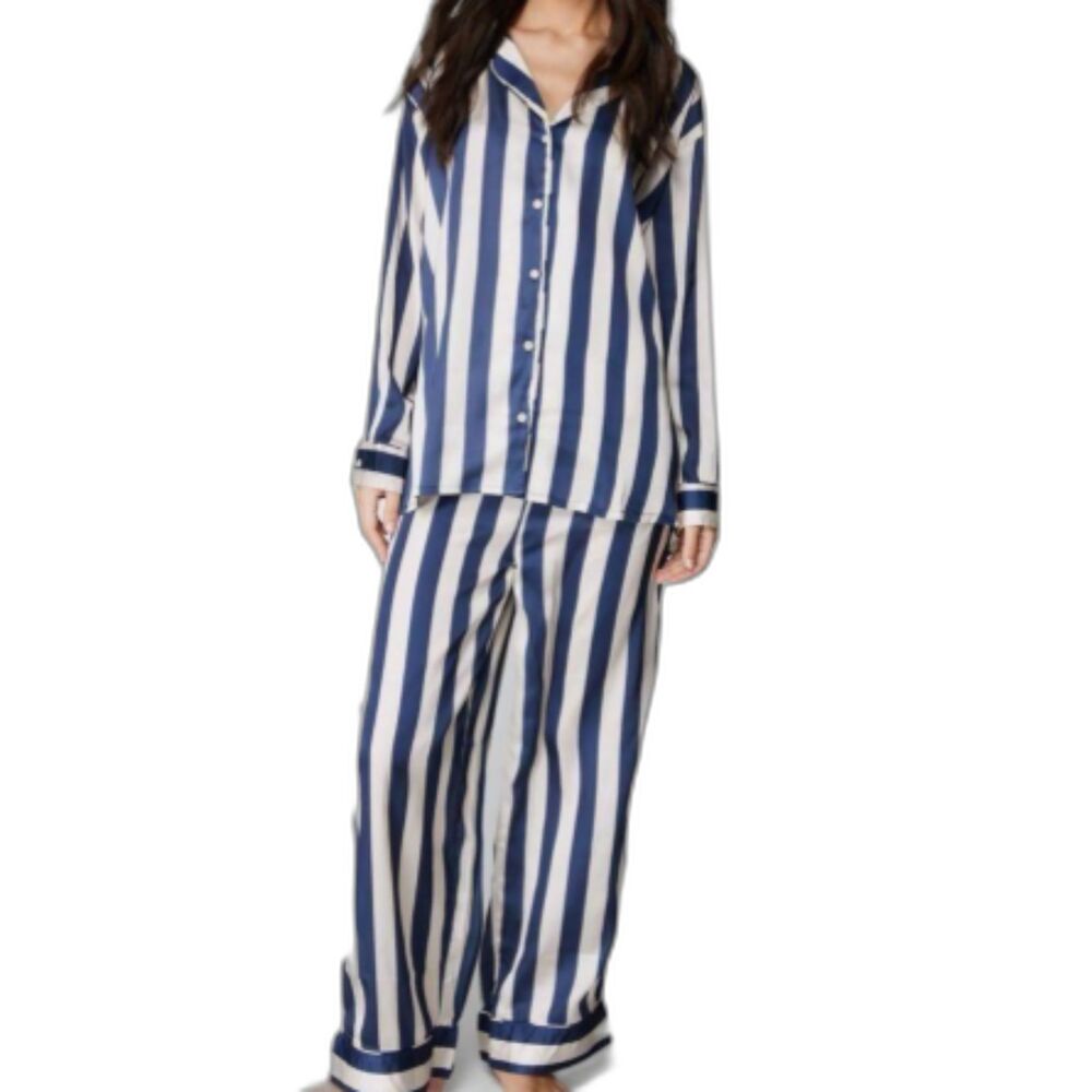 Nasty Gal Cozy Lounge Set Women L Pinstripe 2 Piece Matching Pajama Set